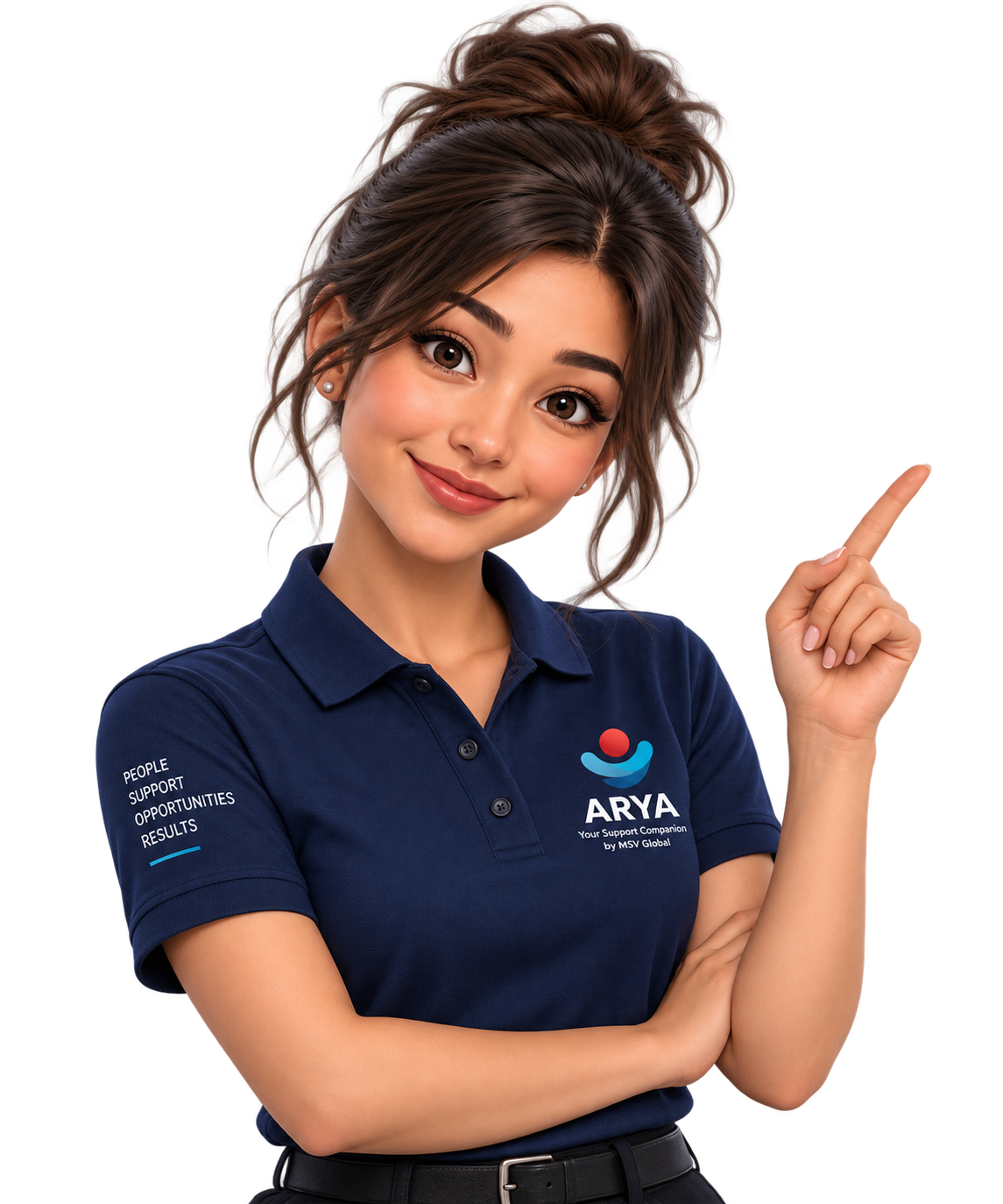 Arya, the MSV Global support companion, raising a finger as if to say: just ask