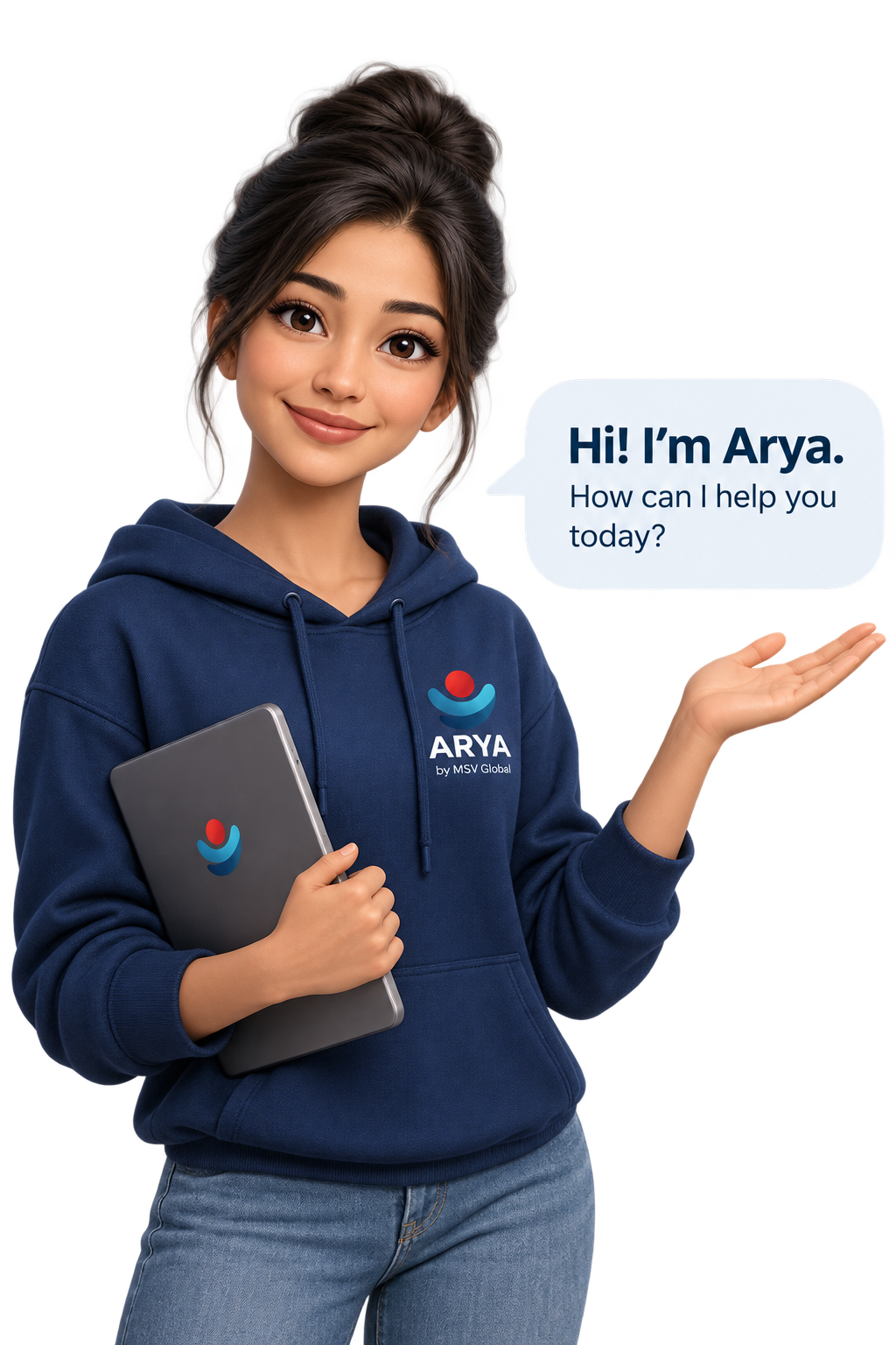 Arya smiling, holding a tablet, ready to listen