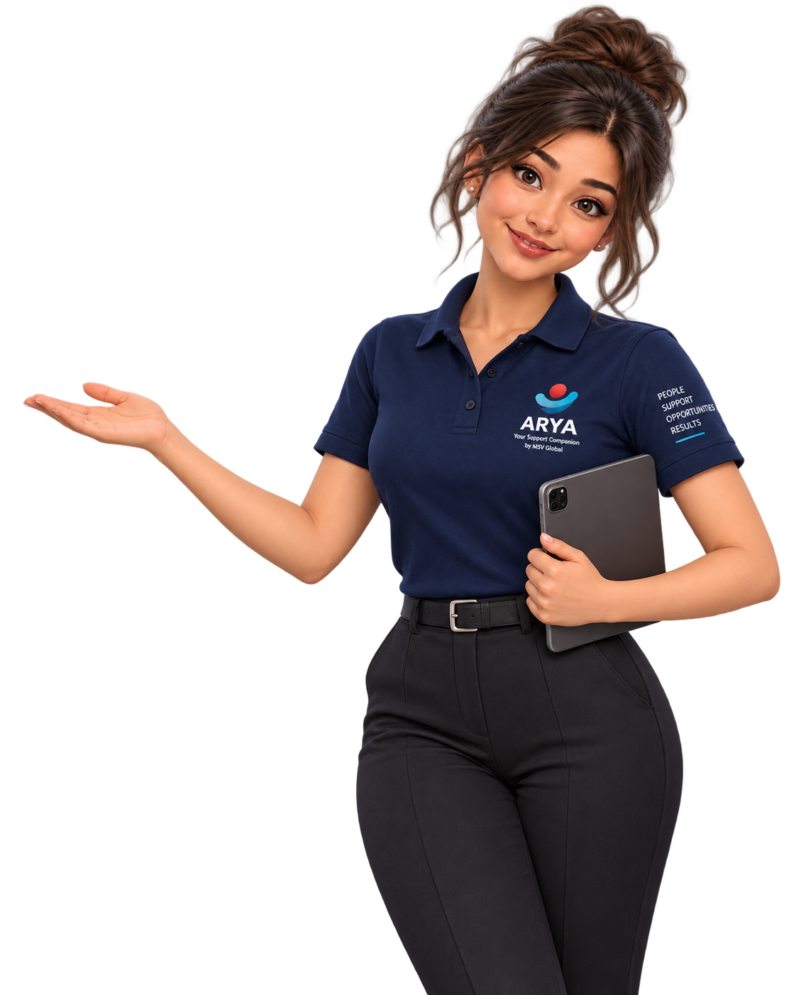 Arya holding a tablet, with an open hand inviting you to send her a document